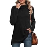 Womens Mock Turtleneck Long Sleeve Asymmetric Hem T-Shirts Fall Fashion 2023 Ribbed Knitted Tunic Sweater Pullover Blouses Solid Color Side Slit to Wear With Leggings Black L
