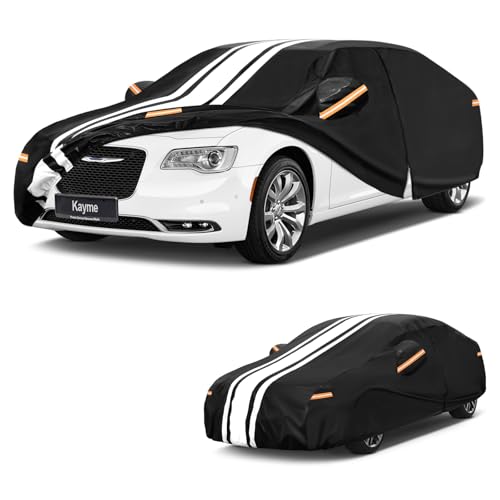 Image of Kayme Heavy Duty Car Cover Custom Fit for Chrysler 300 (1998-2023), Outdoor Full Exterior Cover with Tape and Towel, Rain Snow Sun UV Protection.