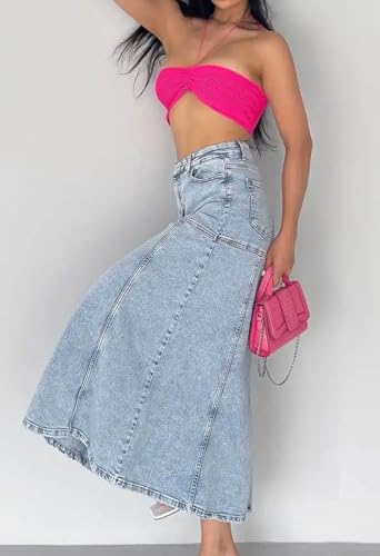 loveimgs Women Vintage Long Denim Skirt A Line Maxi Jean Skirt Y2k Patchwork High Waist Flare Skirt with Pocket3