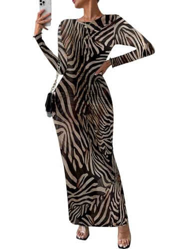 Image of MARZXIN Women Long Sleeve Maxi Dress Bodycon Ruched Formal Slim Fit Tie Dye Dress Formal Mesh Dress