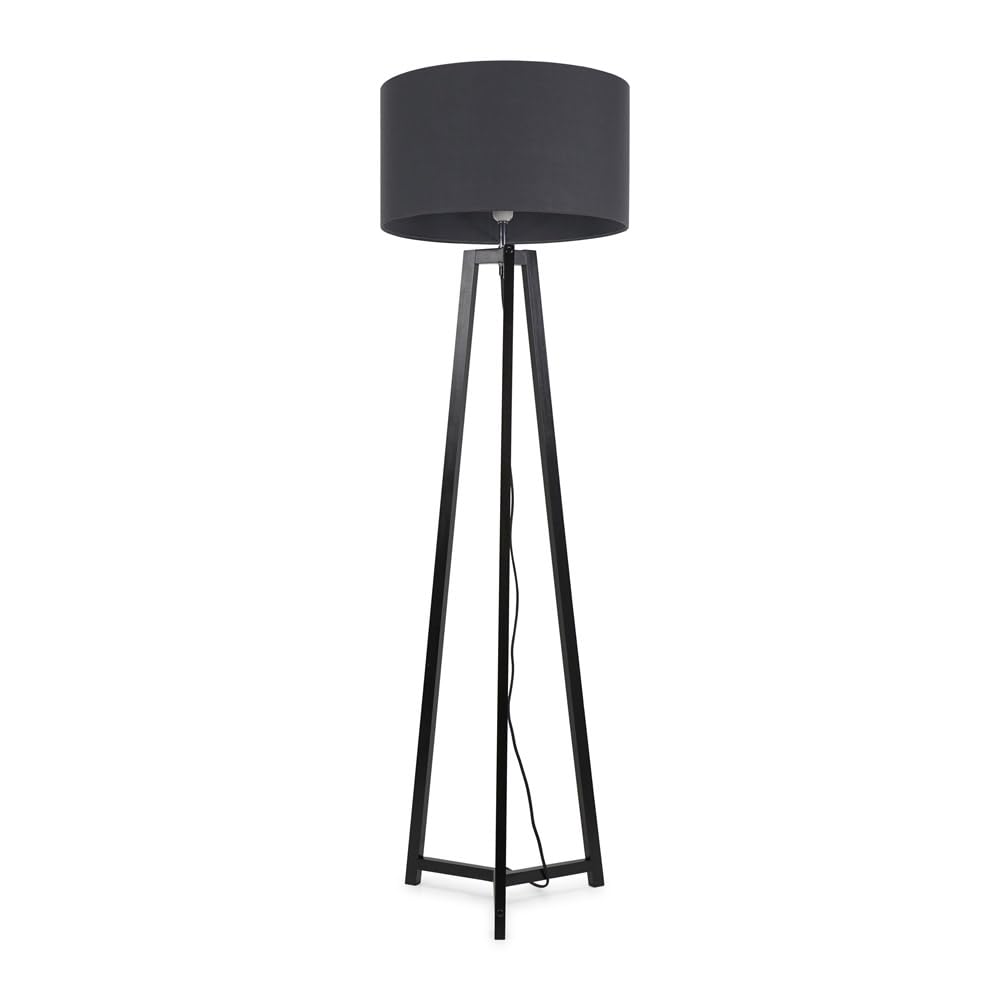 Valuelights Charcoal Lottie Black Wood Tripod Floor Lamp With Fabric Drum Shade & Led Bulb In