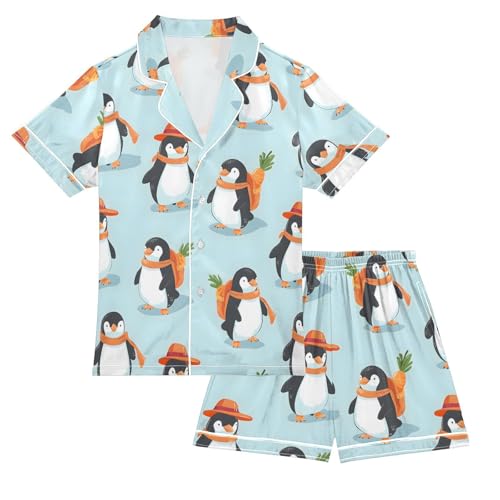 ALAZA Penguin Carrot Blue Satin Pajamas Set Short Sleeve Button Down Sleepwear Summer Pjs 2 Piece