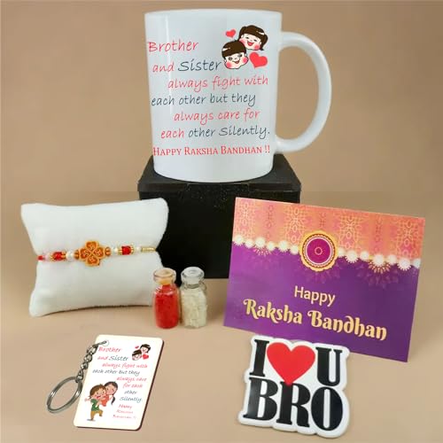 Image of PICRAZEE Rakhi Gift Combo for Brother with Mug, Rakhi, Card, Tika, Fridge Magnet & Keyring (D24)