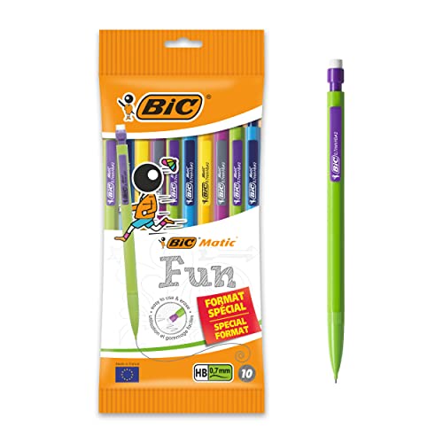BIC Matic Fun Porte Mines 0,7 mm HB avec Gomme (Parfait pour l'Ecole) - Couleurs Assorties, Pochette Format Spécial de 10