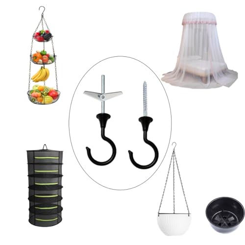 Image of Large Swag Ceiling Hooks 2Sets Heavy Duty Swag Hook with Hardware for Hanging Plants Ceiling Installation Cavity Wall Fixing (2 Sets, Black,Large)