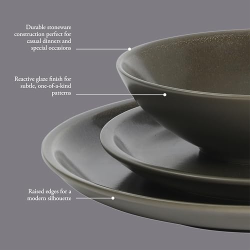 Image of Gibson Elite 12 Piece (Service for 4) Lakecrest Plates and Bowls Reactive Glaze Round Dishes Stoneware Ceramic Dinnerware Set - Dark Green