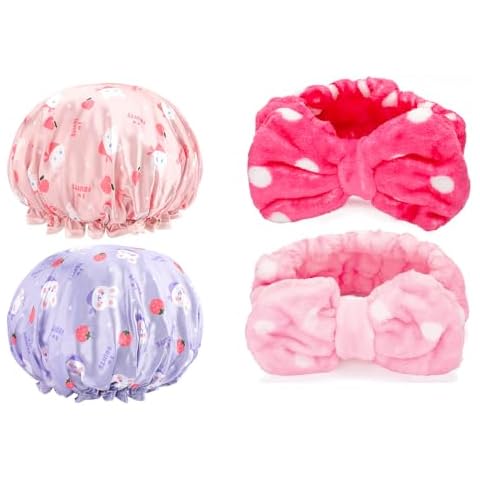 FirstKitchen 2PCS Toddler Shower Cap and 2 PCS Bowknot Hairband, 2 PCS Flannel Bowknot Hairband Wash Face Towel Hair Band for Hair Accessories Cover
