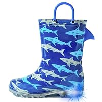 HugRain Toddler Boys Rain Boots Little Kids Baby child Light Up Waterproof Rubber Shoes Printed Mud Lightweight Adorable with Easy-On Handles Non Slip Sole Shark fin Blue Grey Size 11