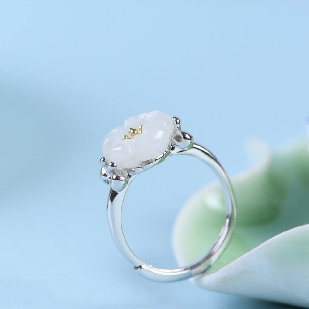 Anello in Argento Sterling 925,Anelli in Argento Sterling Donna 925 Anelli Regolabili in Fiore di Giada di Hetian Anelli Regolabili con Temperamento A Farfalla Knot Gioielli con Fascino Energetico R