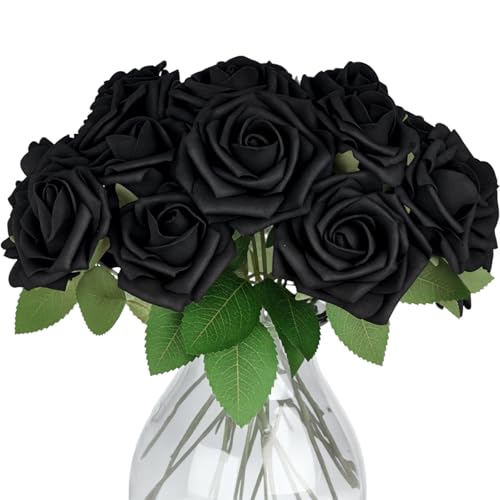 JOHOUSE 30PCS Black Roses, Artificial Flowers with Stems for Wedding Bouquets Party and Gothic Decoration