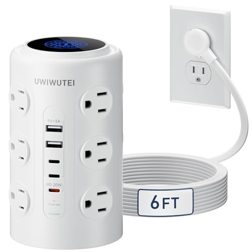 Image of Tower Power Strip with 1 Dedicated PD 20W Fast-Charging Port, 12 Outlets, 5 USB Ports (3 USB-C), 1800J Protector, Desk Charging Station for Multiple Devices, 6FT Extension Cord, Home Office Essentials
