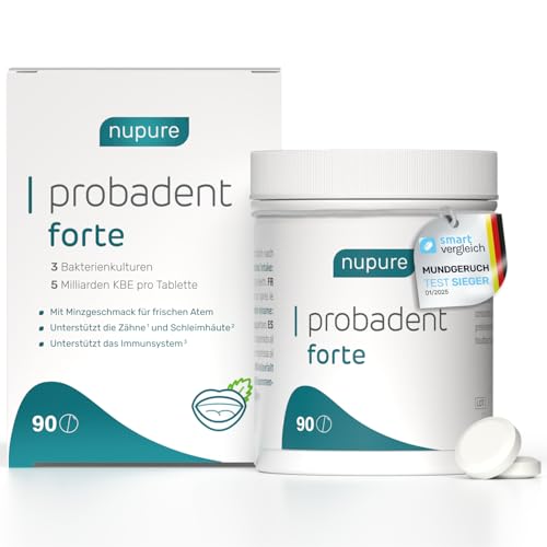 Nupure Probadent Forte Mundgeruch Bekämpfen mit Mundmikrobiom-Lutschtabletten mit 3 Milchsäurebakterienstämmen Vitamin D3 und Biotin Pfefferminzgeschmack zuckerfrei 90 Lutschtabletten