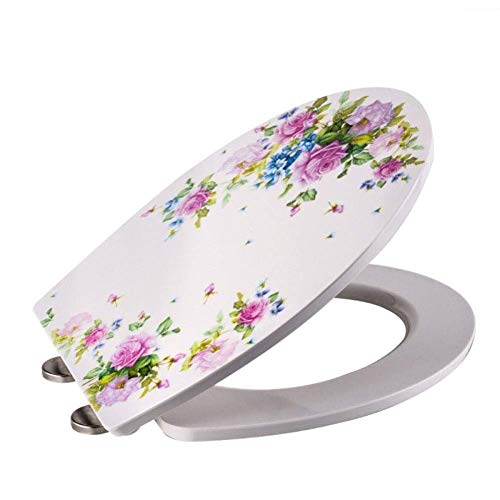 Asientos de Inodoro, Tapa de Inodoro, en Forma de O Asiento de Inodoro Drop Mute Resina Resistente a liberación ultrarrápida Aplique de Rosa montado en la Parte Superior Blanco, 42~46 * 39.1cm T