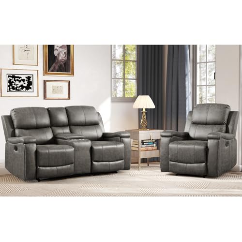 Image of CANMOV Faux Leather Manual Reclining Sofa Set, Manual Single Recliner Chair and 2 Seat Recliner Loveseat with Center Console, Hidden Storage and Cup Holders for Living Room,Bedroom Furniture,Grey