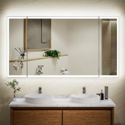 66x36 Trifold Bathroom Mirror with Lights with Removable Magnifier, 180° Foldable LED Mirror for Bathroom, Front&Backlit, Wall Mounted, Stepless Dimming, Color Temper Change, Anti Fog