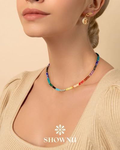 shownii Mother's Day Gift for Mom Boho Beaded Choker Necklace for Women,Gemstone Necklace Natural Stone 14K Gold Plated Handmade Necklace Jewelry Gift2