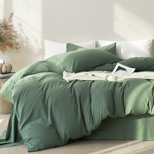 Image of JELLYMONI Duvet Cover Queen Size - Washed Cotton Comforter Cover with Linen-Like Texture,Breathable & Soft Bedding for Modern Home,Guest Room and Everyday Use,Dusty Green 1 Duvet Cover & 2 Pillowcases