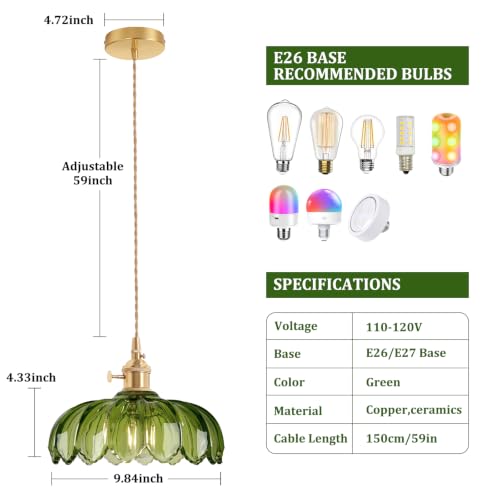 Image of Shenmoyl Pendant Light with Green Scindapsus Glass Lmapshade, Brass Vintage Pendant Light Adjustable Hanging Light for Kitchen Island Dining Room Hallway