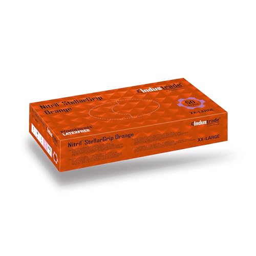 Nitril-Industriehandschuhe – Rautenstruktur für besseren Griff, nicht steril, hypoallergen, beidhändig, vielseitig, Einweg, Großpackung, 8,5 g Dicke, Größe XXL, orange, 50 Stk – Industrade
