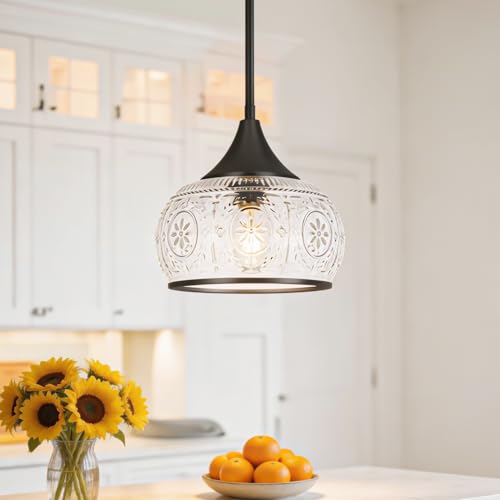OIYIO Black Pendant Light - Modern Pendant Lights Kitchen Island with Handblown Glass, Vintage Hanging Light for Kitchen with Adjustable Height, Lithging Fixture for Dining Room Sink