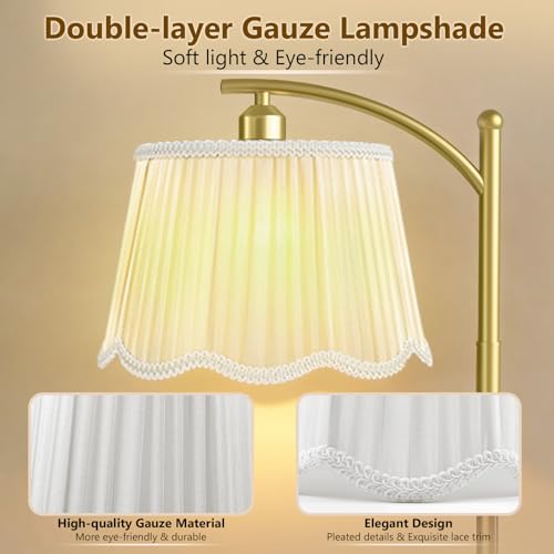 Image of Karjoefar Thickened Gauze Shade Dimmable Arc Floor Lamps for Living Room | 7W Bulb Included, 10-100% Dimmable, 67 inch Tall Vintage Gold Floor Lamp for Bedroom Living Room Office with Metal Base & Pole