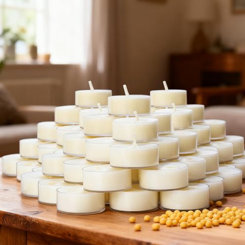 50 Pack Soy Wax Tealights, Unscented Tealight Candles in Clear Cup 4 Hours Burning Time Paraffin-Free for Weddings, Events, Home Decor,Emergency Use