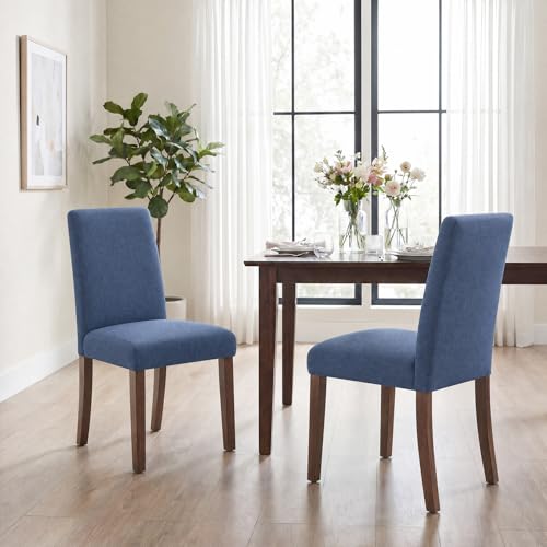 Image of Upholstered Dining Chairs Set of 2, Mid-Century Dining Room Chairs with Wooden Legs, Farmhouse Fabric Parsons Chairs for Small Space Restaurant & Cafe- Blue