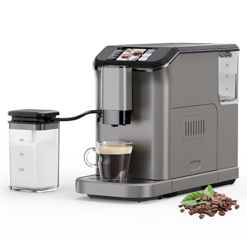Automatic Espresso Machine with 20 Bar Pressure – One-Touch Coffee Maker, Built-in Grinder & Milk Frother, 6 Custom Recipes, 1.5L Water Tank, Auto Self-Cleaning, 120V for Home & Office (Grey