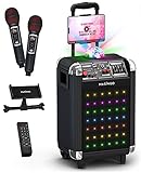 MASINGO Bluetooth Karaoke Machine for Adults and Kids - Portable Singing Equipment Set W/ 2 Wireless Karaoke Microphones - PA Speaker System with Disco Ball Lights & TV Cable- Soprano X1 (Black)