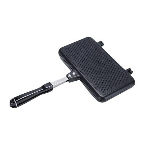 Zekono 家庭用 ホットサンドメーカー 直火 2枚焼き 上下分離型 ダブル 焼き目 大型グリルパン 餃子焼き器 フッ素樹脂加工 お手入れ簡単 手軽 丸洗い 焦げ付きにくい キャンプ アウトドア (ブラック,まっすぐなハンドルが付いた長いストライプのベー