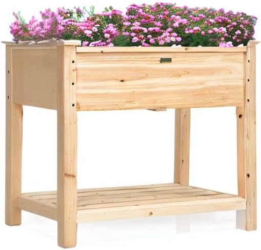 Miniatura 10 de Giantex Cama de jardín elevada, jardinera de madera elevada, kit de cama de jardín de pie con patas y estante de almacenamiento para hierbas de