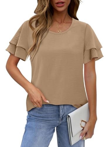 CRAZY GRID Women's Shirts Summer Casual Crewneck Ruffle Short Sleeve Blouses Cute Floral Print Tunic Tops