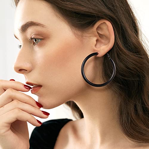 Black Colored Chunky Hoop Earrings, Surgical Stainless Steel 60Mm Thick Hoops Earrings With Clip-Top Back Finding #TOP1