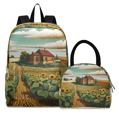 Backpack Lunch Box Set Large Capacity Travel Backpacks and Insulated Lunch Bag for Commute Hiking Picnic Abstract Sunflower Farm Print