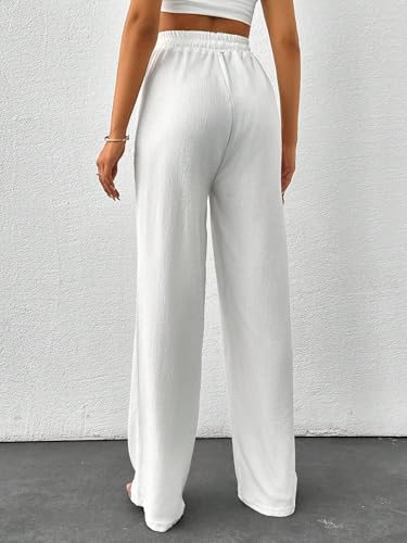 ZAFUL Women's Wide Leg Casual Pants Linen Look High Waist Drawstring Straight Solid Trousers with Pockets2