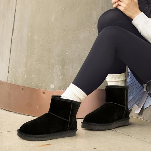 DREAM PAIRS Snow Boots for Women Genuine Suede Faux Fur Lining Anti-Slip Warm Winter Booties Slip On Memory Foam Ankle Boots FuzzyClassicⅡ Low Boots,Size 10,Black,SDSB2432W