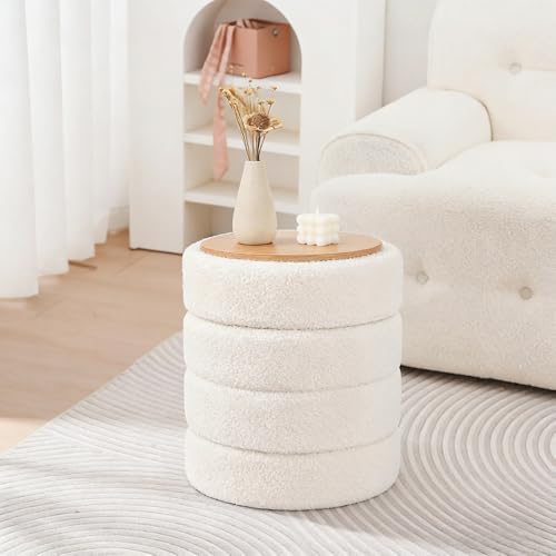 Madera Nieve Taburete Redondo de Bouclé Blanco con Almacenaje y Tapa Reversible – Puff Multifuncional para Tocador, Salón, Dormitorio y Habitación Infantil
