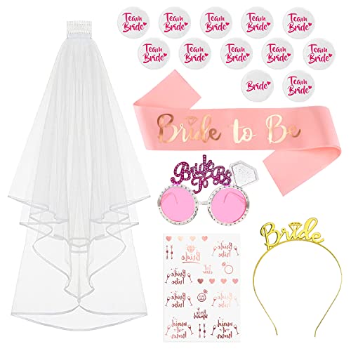XIAPAI Bride to Be Decoration, EVJF Accessoire, Voile Mariée, Echarpe Evjff, Badge EVJF, Tatouages, Bandeau Diadème, Lunettes Diamant Roses, Accessoires de Fête de Nuit Mariage Cover
