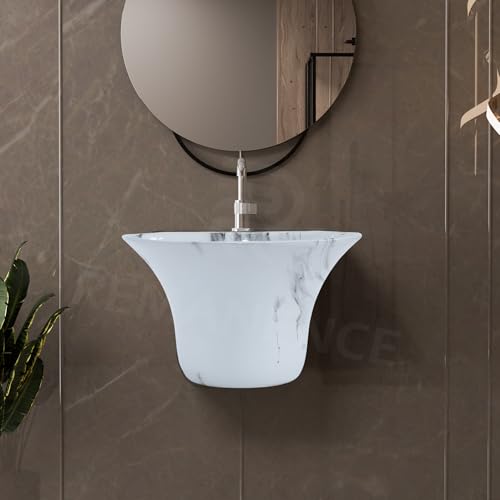 Image of REMANENCE Luxury Wall Mount Half Pedestal Wash Basin for Bathroom | Designer Wall Hung Basin | Wall Mounted Washbasin for Resturent, Hotels (16 x 16 x 11 Inch) (Marble Grey)