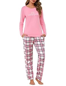 Leversic Schlafanzug Damen Lang Zweiteiliger Pyjama Set Karierte Pyjamahose Baumwolle Winter Hausanzug Nachtwäsche, 1427-Rosa, L