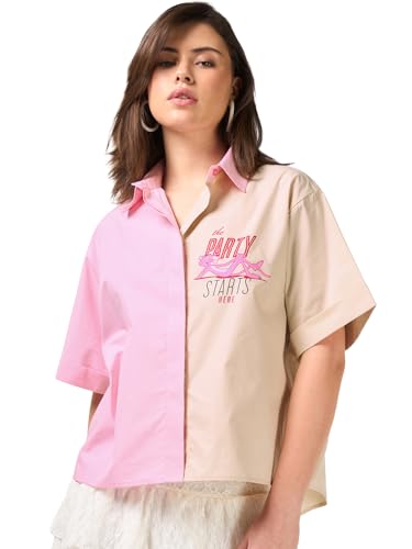 Chemise manches mi-longues femme en coton rose popeline col Bewakoof