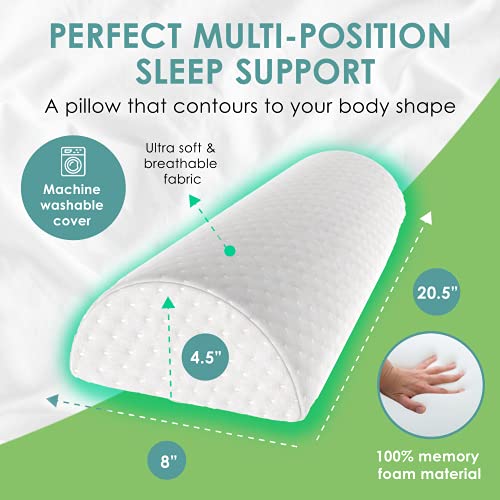 Cushy Form Bolster Pillow For Lumbar And Leg Support - 20.5 X 8 X 4.5 Inches Half Moon Memory Foam Cushion For Stomach, Back & Side Sleepers - Roll Pillows For Back And Neck W/Washable Cover #TOP1