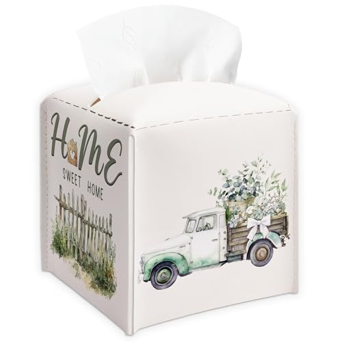 Sweet Home & Flowers Tissue Box Cover - PU Leather Waterproof Tissue Holder - Decorative Dispenser Box for Living Room Bathroom Kitchen Office - Facial Paper Organizer - A02