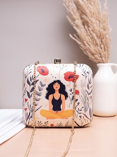 Image of Artklim Printed Box Clutch for Girls - Cross Body Purse with Detachable Golden Chain Strap