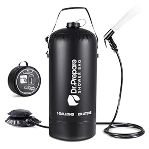 DR.PREPARE Camping Shower, 4 Gallons/5 Gallons Portable Camp Shower with Foot Pump, Dual Shower Options, Large Water Inlet, Portable Outdoor Shower for Camping, Beach, Hiking, Climbing