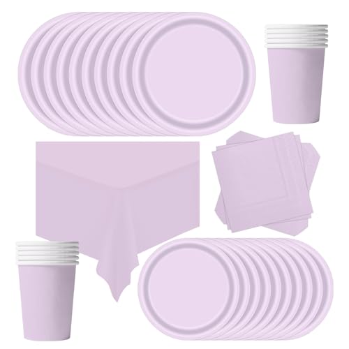 POPOYU 69 piezas de vajilla de fiesta de cumpleaños de color morado pálido, platos de papel de fiesta lila, mantel, vasos de papel y servilletas, juego de vajilla para boda, cumpleaños, baby shower