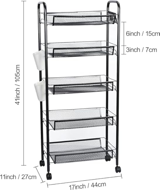 Fruit Basket for Kitchen,5 Tier Fruit and Vegetable Storage Basket Cart,Stackable Metal Mesh Rolling Storage Trolley Cart,Slim Storage Organizer Stand on Wheel for Kitchen (Black)-RI0EJDKV