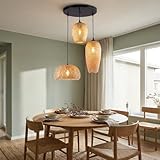 BARCELONA LED Lámpara Colgante Triple de Mimbre y Bambú Natural Base Metálica Negra, Estilo Nórdico y Japonés, 3xE27, Iluminación Cálida para Salón, Comedor o Restaurante