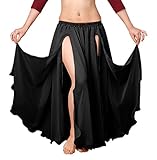 Indian Trendy Chiffon Double Layer 2 Front Slit Skirt Belly Dance Tribal Panel Jupe Split Rock - M - Black
