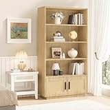 GarveeHome 5 Tier Bookshelf, Boho Bookcase with Rattan Doors, Wooden Bookcase and Bookshelf with Storage, Tall Book Stand, Large Bookshelf for Living Room, Bedroom, Home Office, Kitchen